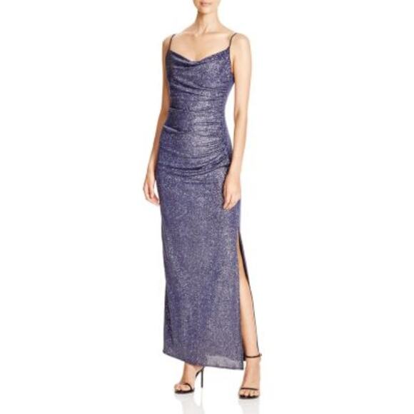 Laundry by Shelli Segal Blue Metallic Ruched Side Slit Hem Dress Women's Size 2 - Picture 1 of 13